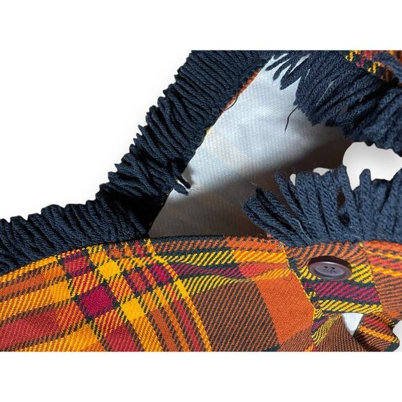 Vintage Handmade Fall Plaid Colorful Kids Poncho Black Fringe One Size Fits Most - Picture 3 of 3